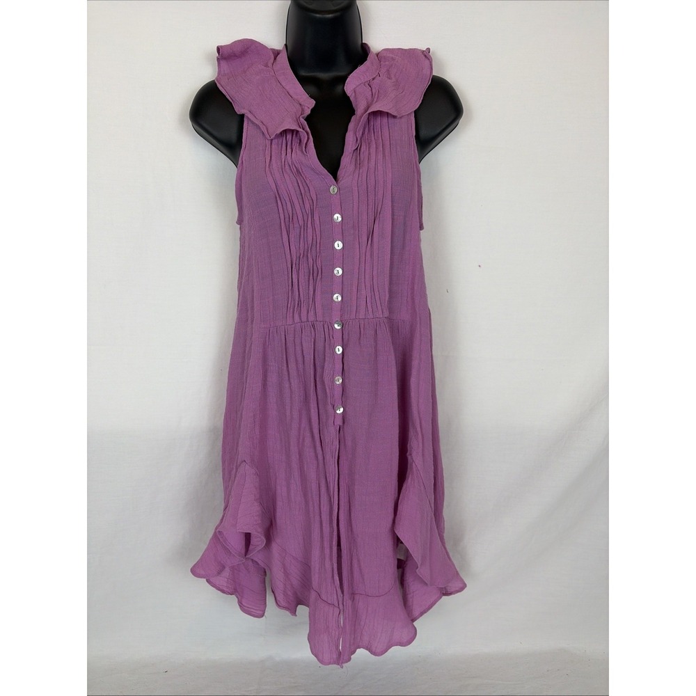Entro Pink Sleeveless Tunic Ruffle V Neck Ruffle Trim Pintuck Pleat Button Down